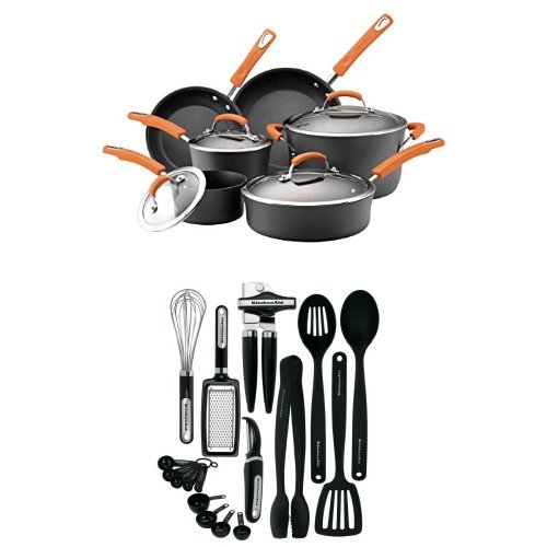 Rachael Ray Hard Anodized II Nonstick Dishwasher Safe 10-Piece Cookware Set Orange  17-Piece Kitchen Tool Set Black