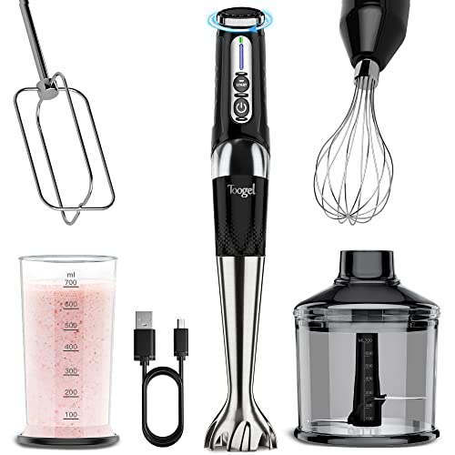 Toogel 4in1 Cordless Hand Blender USB Rechargeable Handheld Immersion Blenders Multiangle Adjustable 21Speeds Stainless Steel Portable Stick Blender with 700ml Mixing Beaker Food Chopper  Whisk