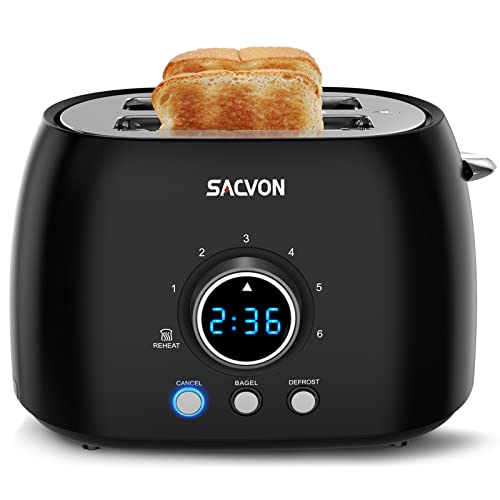 Toaster 2 Slice SACVON Retro Black Toaster15 Extra Wide Slots Stainless Steel Toaster BagelDefrostReheatCancel Function 6 Shade Settings Digital Timer Removable Tray Matte black