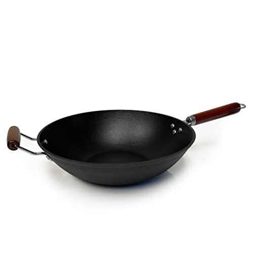 Light weight Cast Iron Wok Stir Fry Pan Wooden Handle 14 Inch chefs pan preseasoned nonstick commercial and household for Chinese Japanese and others Cooking