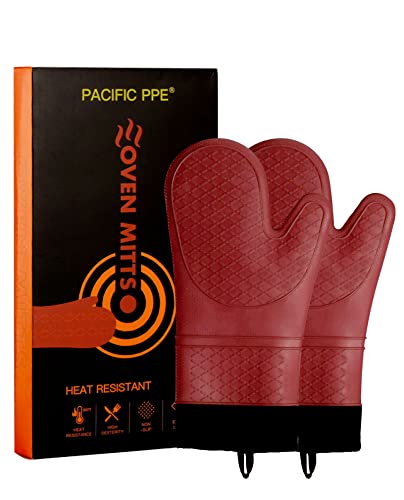 PACIFIC PPE Extra Long Professional Silicone Oven Mitt Oven Mitts with Quilted Liner Heat Resistant Pot Holders Flexible Oven Gloves Red 1 Pair 15 Red