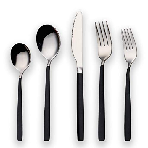 Berglander 20 Piece Titanium Black Plated Stainless Steel Flatware SetBlack Handle With Silver Mouth Flatware Set Black With Silver Cutlery Set Service for 4 (Shiny Black Shiny Silver)