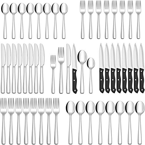 Hiware 48Piece Silverware Set with Steak Knives for 8 Stainless Steel Flatware Cutlery Set For Home Kitchen Restaurant Hotel Kitchen Utensils Set Mirror Polished Dishwasher Safe