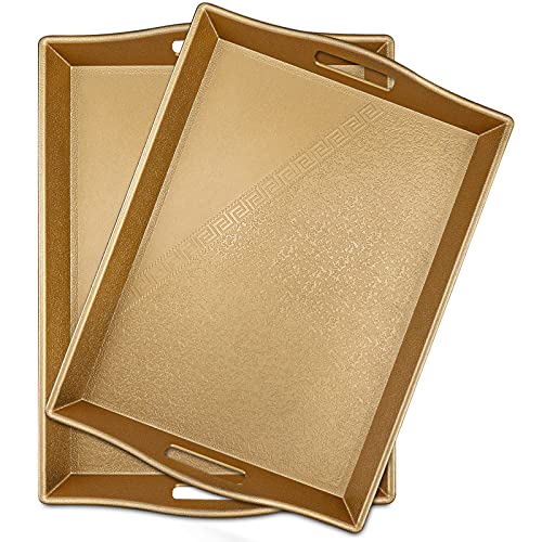Serving Tray with Handles Plastic Tray for Eating Gold Decorative Ottoman Tray Nesting Bed Trays Dinner Tray for Living Kitchen Restaurants Breakfast Party Lap Tray Large and Small Set of 2