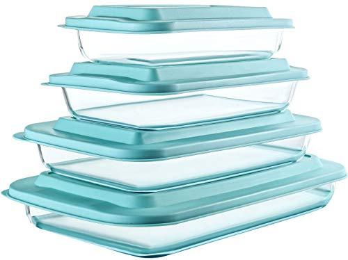 8Piece Deep Glass Baking Dish Set with Plastic lidsRectangular Glass Bakeware Set with BPA Free Lids Baking Pans for Lasagna Leftovers Cooking Kitchen FreezertoOven and Dishwasher Green