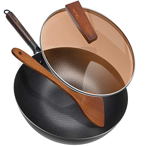 Carbon Steel Wok Pan with Lid  Wood Spatula Aneder 125 Cast Iron Stir Fry Pan with Flat Bottom and Wooden Handle for Electric Induction and Gas Stoves