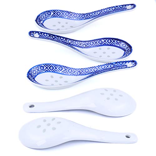 Soup Spoons Ceramic Asian Soup Spoon Set White Japanese Spoon Porcelain Soup Spoons Table Spoons Dinner Spoons Patterned 53 Inch Long Set of 5(flower 3) (Blue)