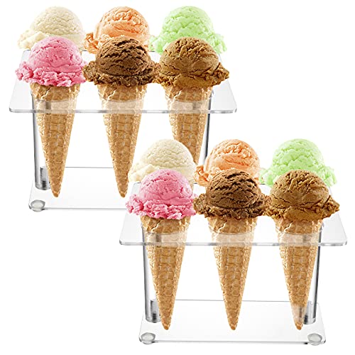 YOUEON 2 Pack Acrylic Ice Cream Cone Holder with 6 Holes Acrylic Cone Stand Waffle Cone Display Rack for Cupcake Sugar Popcorn Restaurant Party or Buffet