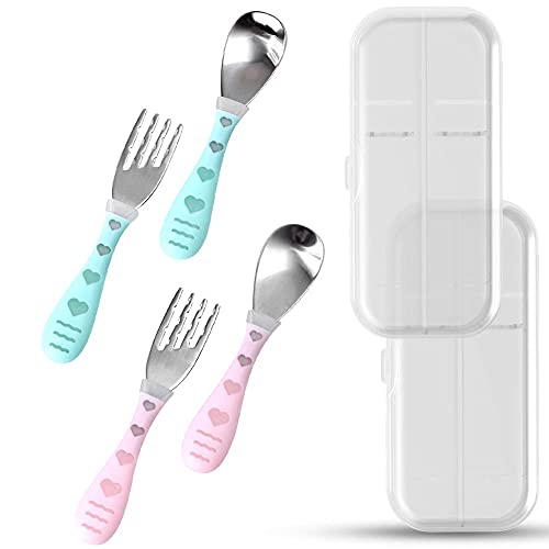 Toddler Forks Spoons 2 Sets Stainless Steel Baby Forks and Spoons Silverware Sets  Toddler Utensils Designed for Self Feeding Flatware Set with Travel Carrying Cases (BluePink sets)