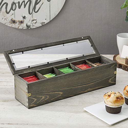 MyGift 5Compartment Tea Storage Box Vintage Gray Solid Wood Tea Bag Holder Chest with Clear SeeThrough Lid  Brass Metal Accent Wraps