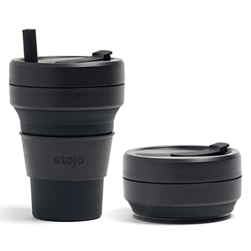 Stojo Collapsible Travel Cup With Straw  Ink Black 16oz  470ml  Reusable ToGo Pocket Size Silicone Bottle for Hot and Cold Drinks  Perfect for Camping and Hiking  Microwave  Dishwasher Safe