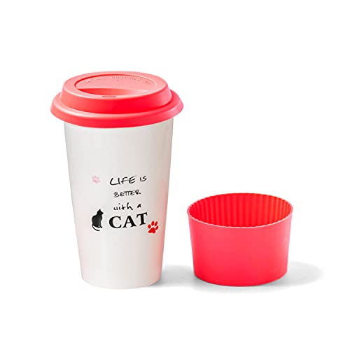 SANFENG Double Wall Ceramic Coffee Travel Mugs with silicone Lid and sleeve 12oz portable Microware Safe Dishwasher safe Insulated Splash Resistant Lid Share with Pet (Red Cat Paw)