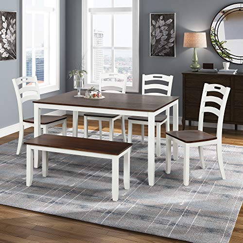 Merax 6 Piece Dining Table Set with 4 Chairs and Bench for Kitchen Waterproof Coat Ivory and Cherry(Without Cushion)