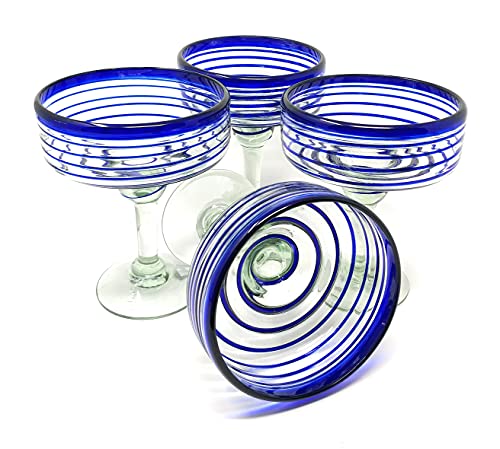 Mexican Hand Blown Glass  Set of 4 Hand Blown Margarita Glasses (16 oz) with Blue Spiral Design