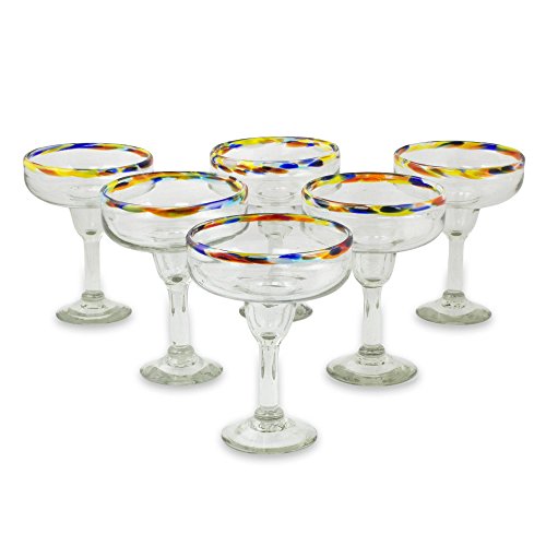 NOVICA Hand Blown Rainbow Rim EcoFriendly Glass Margarita Glasses 13 Oz Confetti Kiss (Set Of 6)