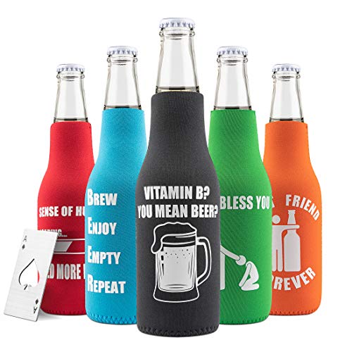 5 Pack Beer Bottle Cooler Insulated Zipup 12 oz Glass Water Bottle Sleeve with Card Opener Neoprene Beer Bottle Cover Funny Gift Idea for Men Gifts from Daughter Son Women Friend Dad Husband