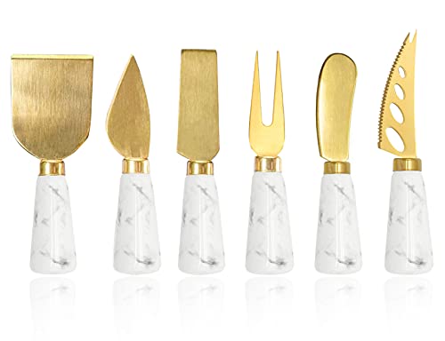 Golden Cheese Knife Set 6 Piece Marble Handle Butter Spatula Knives Cheese Spreader Cutter with Ergonomic Ceramic Handle Cheese Shaver and Fork for Holiday Birthday Wedding Party (Gold)