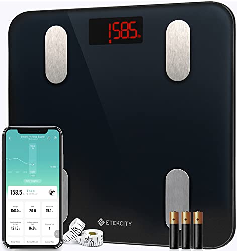 Etekcity Scales for Body Weight Bathroom Digital Weight Scale for Body Fat Smart Bluetooth Scale for BMI and Weight Loss Sync 13 Data with Other Fitness Apps Black 118x118 Inch
