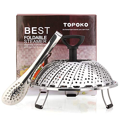 TOPOKO Vegetable Steamer Basket Fits Instant Pot Pressure Cooker 56 QT and 8 QT 188 Stainless Steel Folding Steamer Insert For Veggie Seafood Cooking (Steamer with Retractalbe Handle)