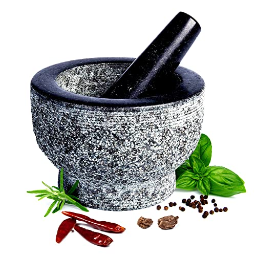 HiCoup Mortar and Pestle Set  6inch Large NonPorous Granite Bowl and Stone Grinder for Guacamole Herbs Spices and Pesto  Kitchen Gadgets  Accessories﻿﻿