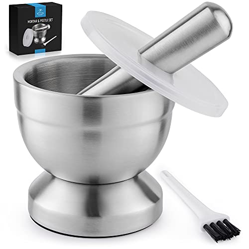 Zulay Kitchen 4Inch Stainless Steel Mortar and Pestle Set Small  1 Cup Pestle and Mortar With Protective Lid  Brush  Heavy Duty Mortar Pestle for Molcajete Bowl Pill Crusher  Spice Herb Grinder