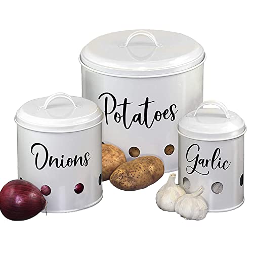 Home Acre Designs Kitchen Canisters Set of 3  Airtight Potato Onion  Garlic Keeper for Vegetable Storage  Rustic Farmhouse Containers  White
