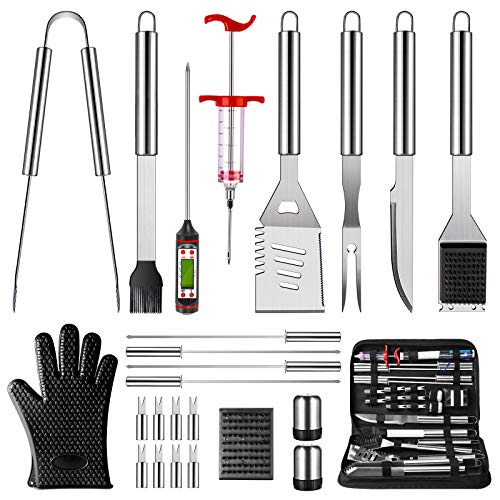 OlarHike Grilling Accessories BBQ Grill Tools Set 25PCS Stainless Steel Grilling Kit for Smoker Camping Kitchen Barbecue Utensil Gifts for Men Women with Thermometer and Meat Injector