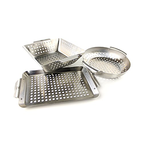Yukon Glory 3Piece Mini Grilling Basket Set Stainless Steel Perforated Grill Baskets for Grilling Veggies Seafood and Meats Includes Grill Pan Square Basket and Circular Basket