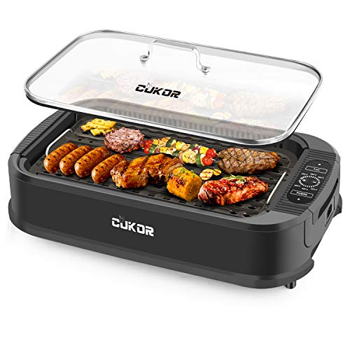 CUKOR Indoor Smokeless Grill1500W Power Electric Grill with Tempered Glass Lid Compact  Portable Nonstick BBQ Grill with Turbo Smoke Extractor Technology LED Smart Control panel