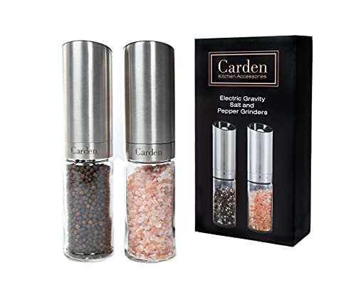 Carden Kitchen Electronic Stainless Steel Gravity Salt and Pepper Grinder Set Automatic Battery Powered Adjustable Coarseness OneHanded Operation Professional Quality Easy to Use