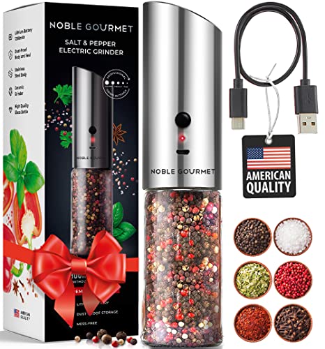 Electric Pepper and Salt Grinder  Rechargeable Refillable Mill  Premium Gift Box  Automatic Gravity Shaker  Adjustable Ceramic Grind for Black Peppercorn  No Battery Needed  Holiday Recipes Set