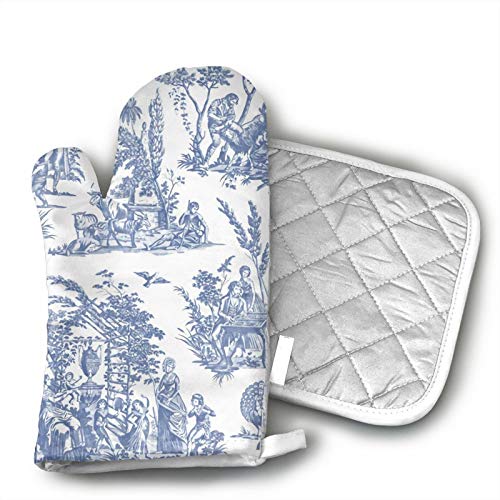 Marseilles Toile Willow Ware Blue White 2 Pack Heat Resistant Hot Oven Mitts  Pot Holders for Kitchen Setfor BBQ Cooking Baking
