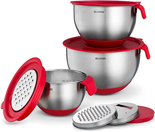 Mixing Bowls for Kitchen  Stainless Steel Mixing Bowl Set with Graters Lids Measurements and Spouts  Convenient Metal Mixing Bowls for Food Prep and Storage  3 Bowls and Lids 3 Graters (Red)