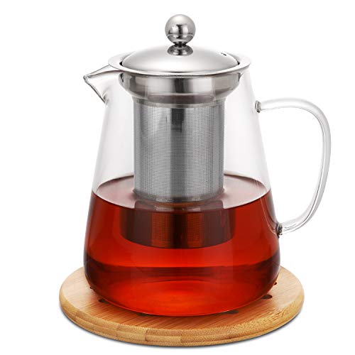 Hiware 32oz Stovetop Safe Glass Teapot with Removable Infuser  LeadFree Glass Tea Kettle Tea Strainer Clear Tea Pot for Loose Leaf Tea Blooming Tea Tea Bags  Coaster and Warmer Sleeve