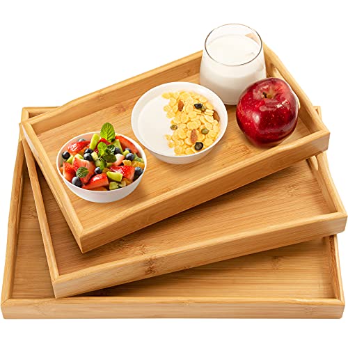 3 Pack Bamboo Serving Tray Food Tray with Handles MultiUse Platter Trays Set for Food Coffee Breakfast Tea Snack Wooden Decor Tray Used in Kitchen Dining Room Party Restaurants by Pipishell