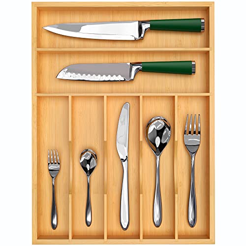 Luxury Bamboo Kitchen Drawer Organizer  Silverware Organizer and Cutlery Tray with Grooved Drawer Dividers for Flatware and Kitchen Utensils (7 Slot Natural)