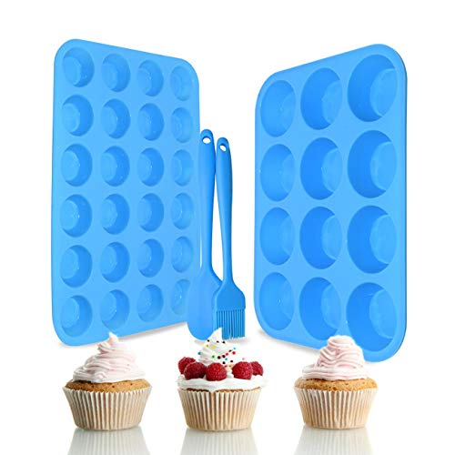 Silicone Muffin Pan Set  NonStick Bakeware Muffin Pan 12Cup  Mini Muffin Pan 24CupSilicone Baking Molds for Muffins CupcakesBPA Free Cupcake Pan with 1 Silicone Spatula  1 Oil Brush (blue)