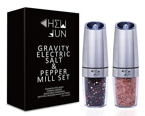 Gravity Electric Salt and Pepper Grinder Set with Adjustable Coarseness Automatic Pepper and Salt Mill Battery Powered with Blue LED LightOne Hand OperatedBrushed Stainless Steel by CHEW FUN