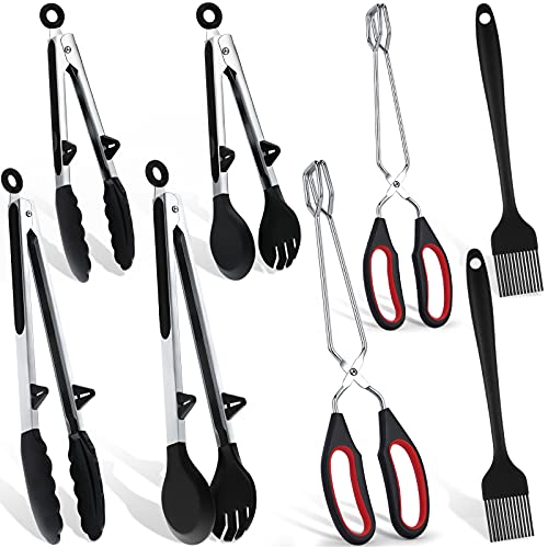 8 Pieces Kitchen Cooking Tongs Utensils Set 4 Pieces Stainless Steel Food Tong with Silicone Tip 2 Pieces Scissor Cooking Tongs Stainless Steel Scissor Tong 2 pieces Silicone Basting Brushes