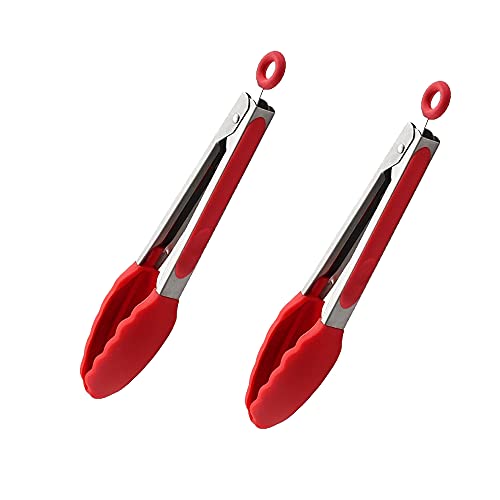 Kitchen Tongs of 9 inch(Two in a group) Stainless Steel with NonStick Silicone Tips  Non  Stick Tongs for Cooking BBQ Grilling Salad(Red)