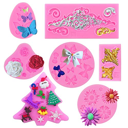 Silicone Fondant Cake Mold HOSTK 7PCS Mini 3D Flower Butterfly Leaves Baroque Style Scrolls Cake Border Decorative DIY Baking Cake Tool for Chocolate Cake Jelly Sugar Craft Soap