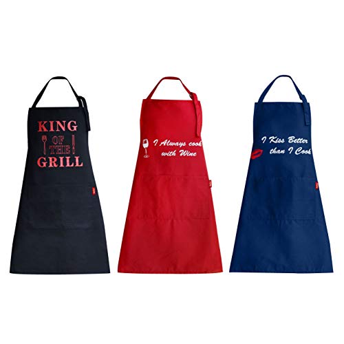 meikai Set of 3 Apron Kitchen Chef bib Professional for Cooking BBQ Baking Grilling for Men and Women 100 Cotton Adjustable Neck Strap 2 Pocket Black Red and Blue
