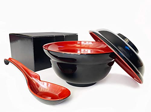 JapanBargain 34242397 Soup Bowl with Lid and Spoon Set for Miso Soup Rice Poke Donburi Noodle Pasta Cereal Black and Red Color 21 floz