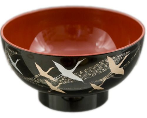 Japanese Traditional Style Crane Design Miso Soup Bowl High Gloss Lacquer Bowl Black and Red Finish Made in Japan (45 x 225 Black)