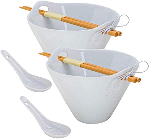 XL Tasse Verre Porcelain Noodle Bowl Sets with Bamboo Chopsticks and Ceramic Spoon For Ramen Soup Salad Pho Fruit (40 Ounce Bowl) White  2Pack