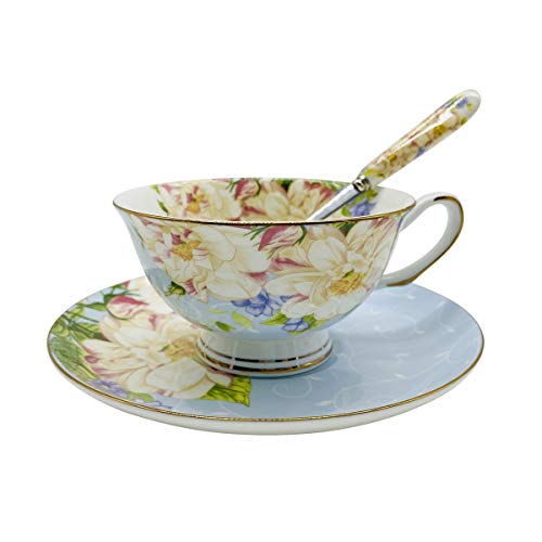 Krysclove Vintage Ceramic Teacup Elegant Coffee Cup with Spoon and Saucer Set Fine Royal Bone China Tea Cups (Blue)