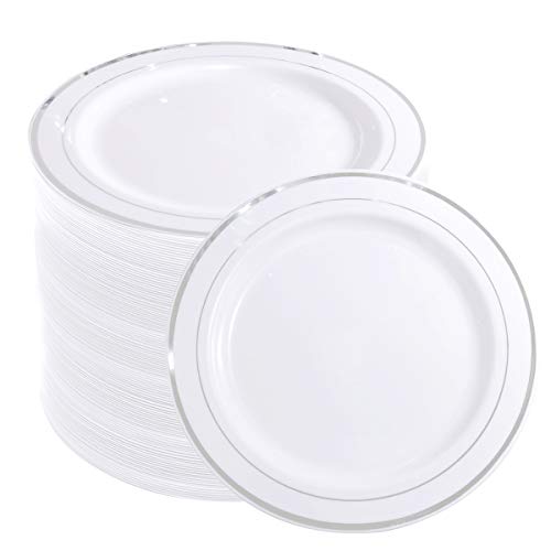 WELLIFE 144 Pieces Silver Plastic Dessert Plates 75 inch Disposable Salad Plates Premium White Appetizer Plates with Silver Rim Ideal for Party and Wedding