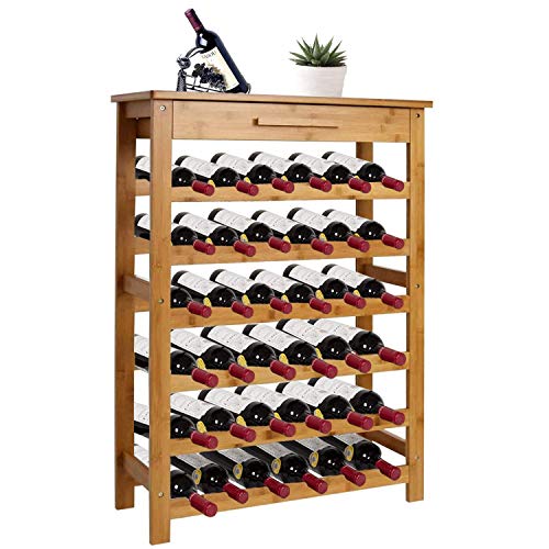 kinsuite Bamboo Wine Rack Modular Wine Storage Holder Display Shelves for Storing Bottles at Home 36 Bottle Wine Rack Free Standing Floor 6 Shelves with Drawer