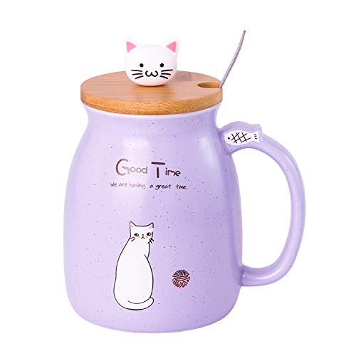 15oz Cute Cat Coffee Mug Ceramic Tea Cup with Lovely Kitty Bamboo lid and Stainless Steel SpoonNovelty Kawaii Cat Mugs for Cat Lovers Mothers Day Birthday Christmas Gifts（450 ML PURPLE）