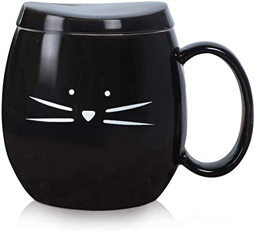 Koolkatkoo 14 oz Cute Cat Coffee Mugs with Lid Tea Ceramic Cup Gift for Cat Lovers Black